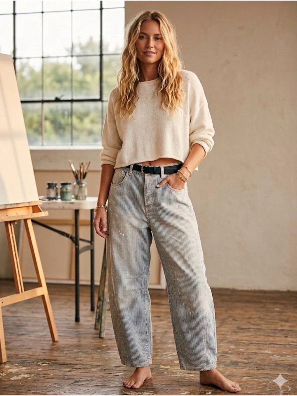 We The Free Good Luck Mid-Rise Stripe Barrel Jeans in Railroad Tracks